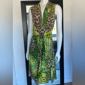 Cheetah print “Mob wife” sleeveless flirty midi dress. Size 4 designer 90’s